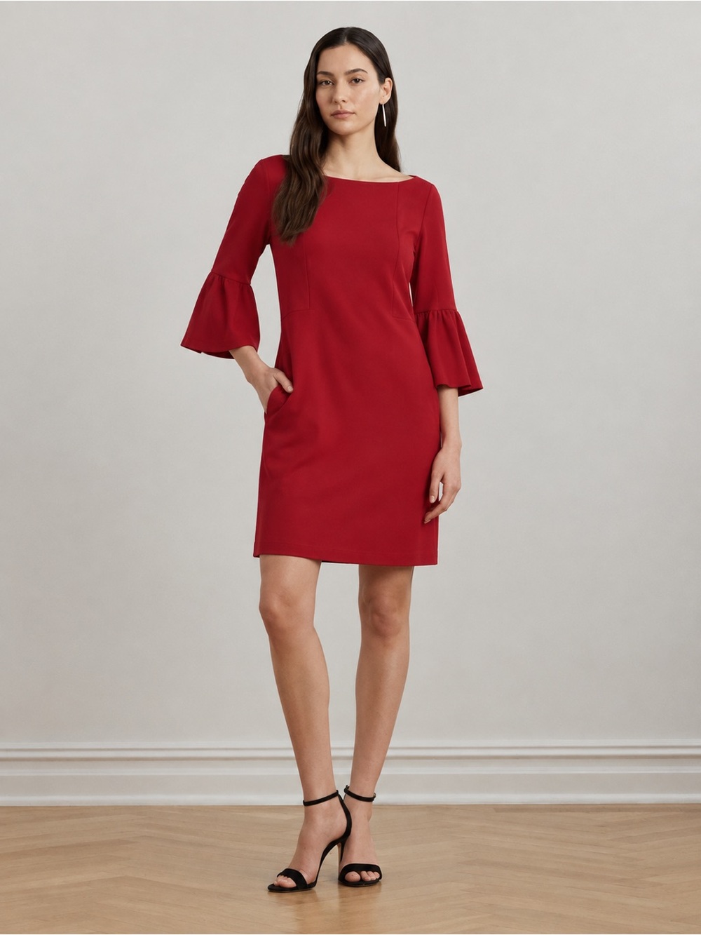 Lafayette 148 New York Red Ponte Dress Bell Sleeve Boat Neck Pockets Size Small